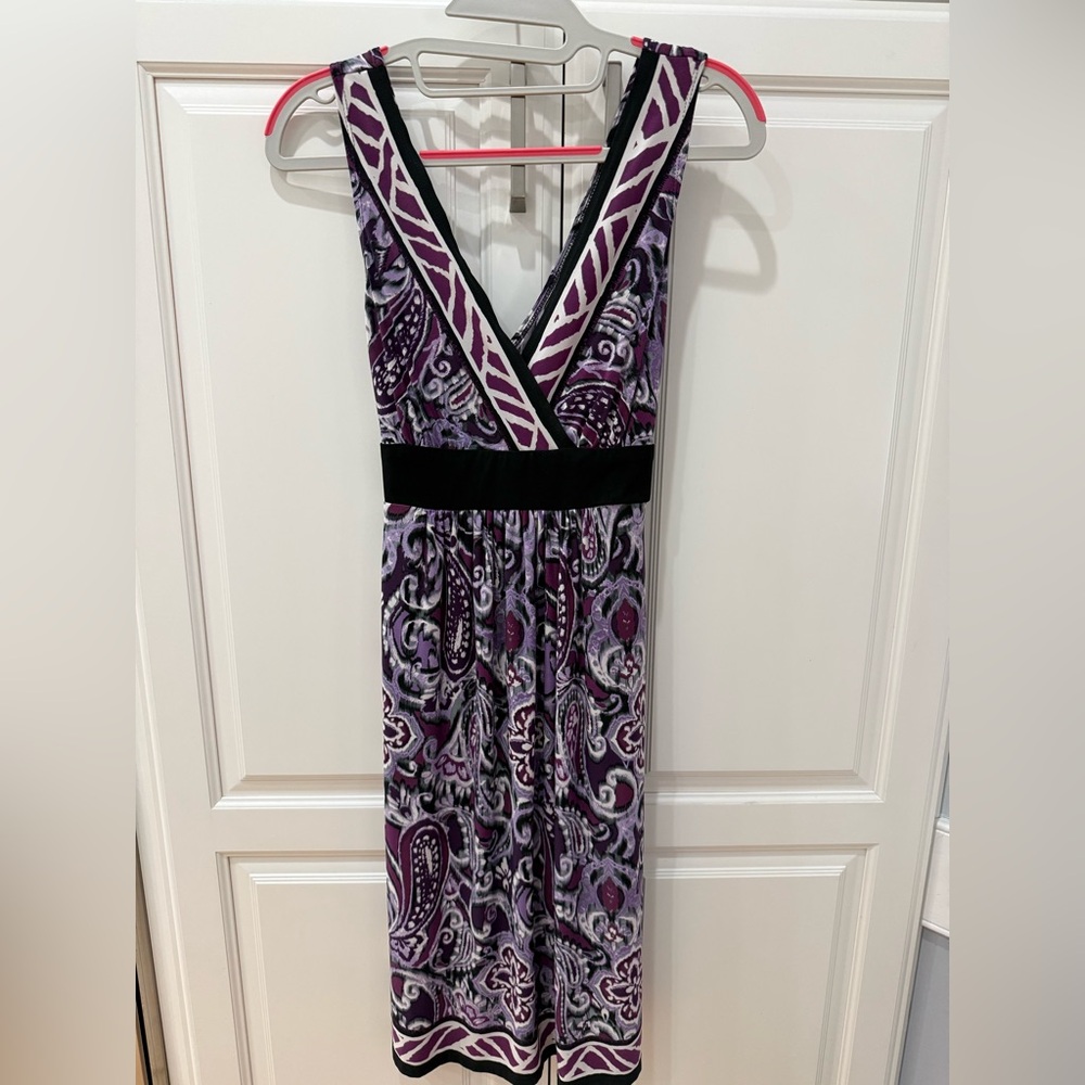 Connected Apparel Purple and Black Paisley Midi Dress